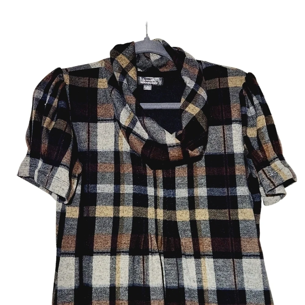 𝅺LA Nouvelle Renaissancela Brown Plaid Print Cowl Neck Sweater Dress Size: M